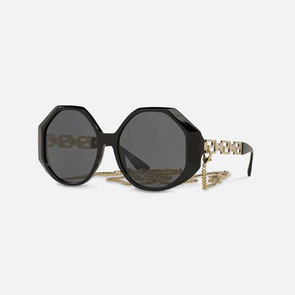 Close-up of gold Greca emblem hardware on Versace Women Greca Sunglasses-Black