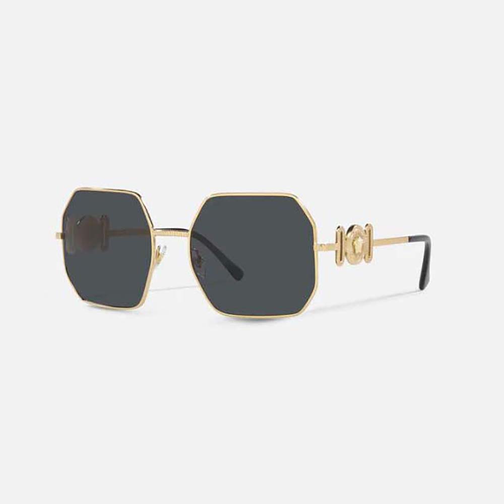 Close-up of black acetate frame and gold Medusa emblem on Versace Women Medusa Biggie Sunglasses-Black