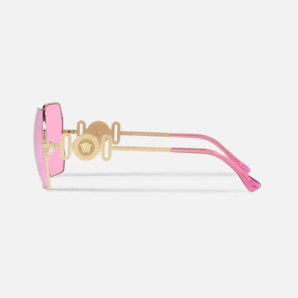 Side angle showing oversized pink acetate frame of Versace Women Medusa Biggie Sunglasses-Pink
