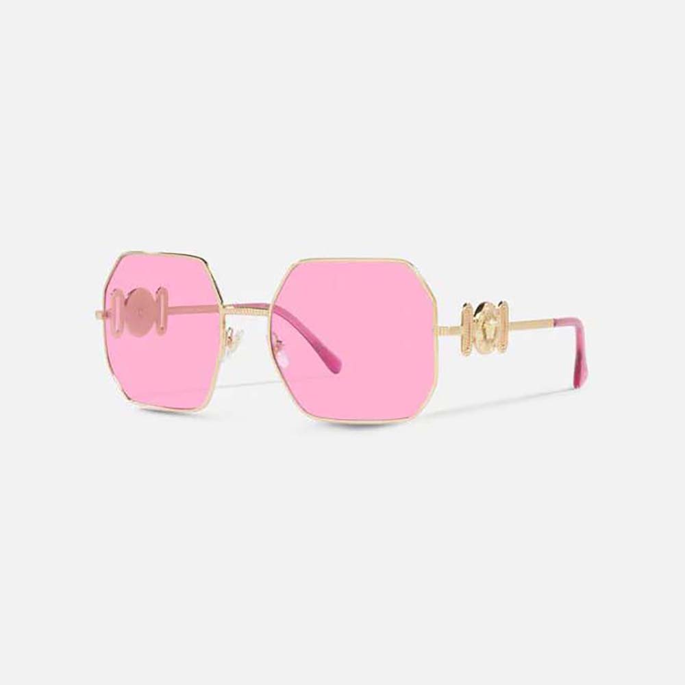 Close-up of gold Medusa logo on temple of Versace Women Medusa Biggie Sunglasses-Pink