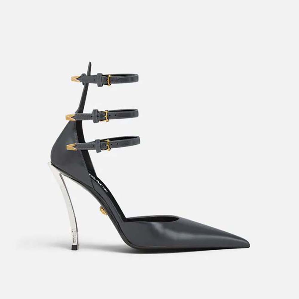 Side view of Versace Women Pin-Point Pumps in Calf Leather-Gray