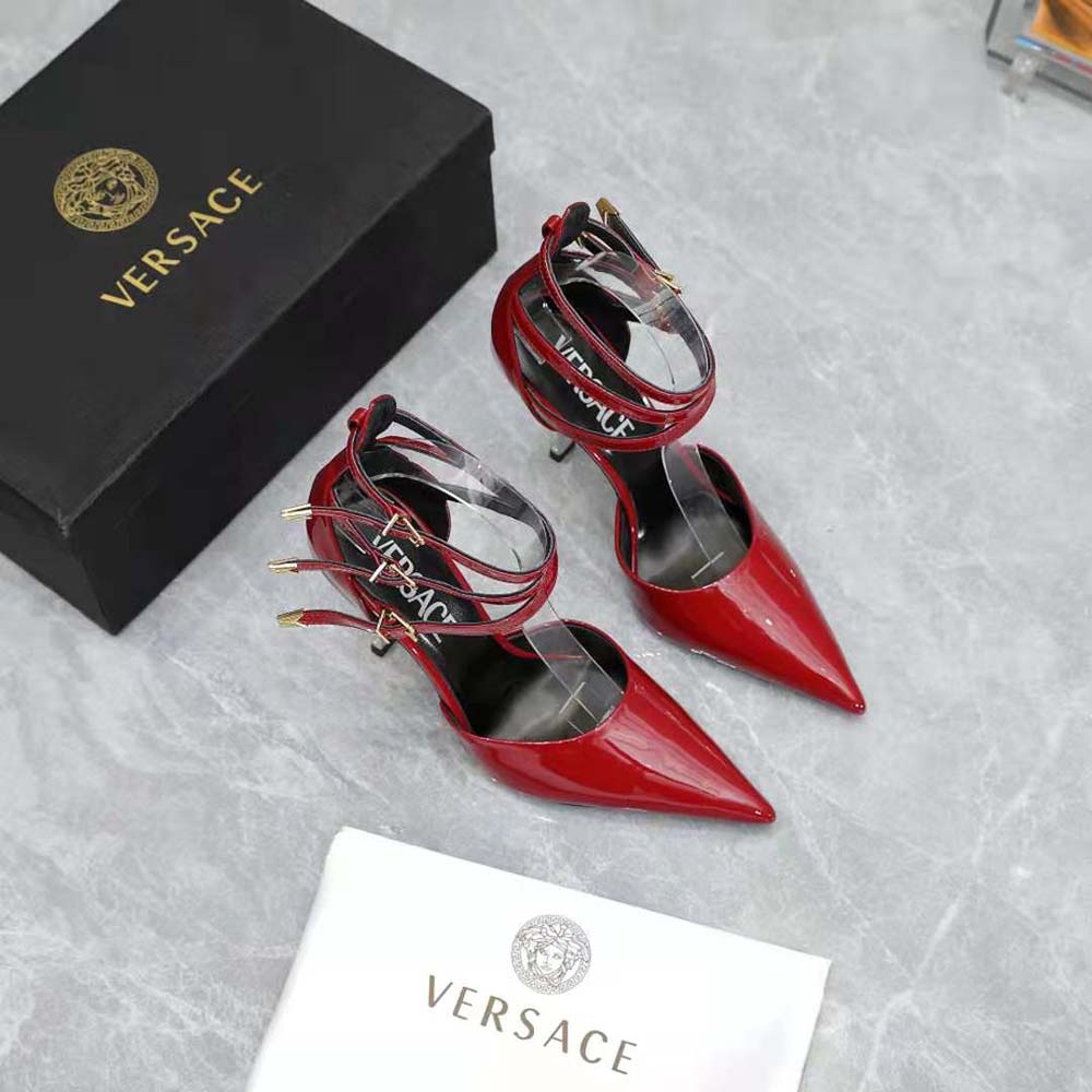 Close-up of gold Medusa detail on Versace Women Pin-Point Pumps