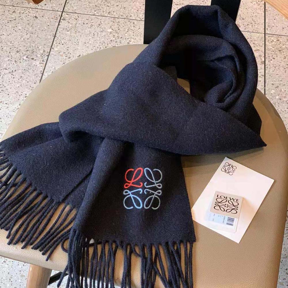 Folded Loewe Women Anagram Scarf in Cashmere-Navy Blue showing texture