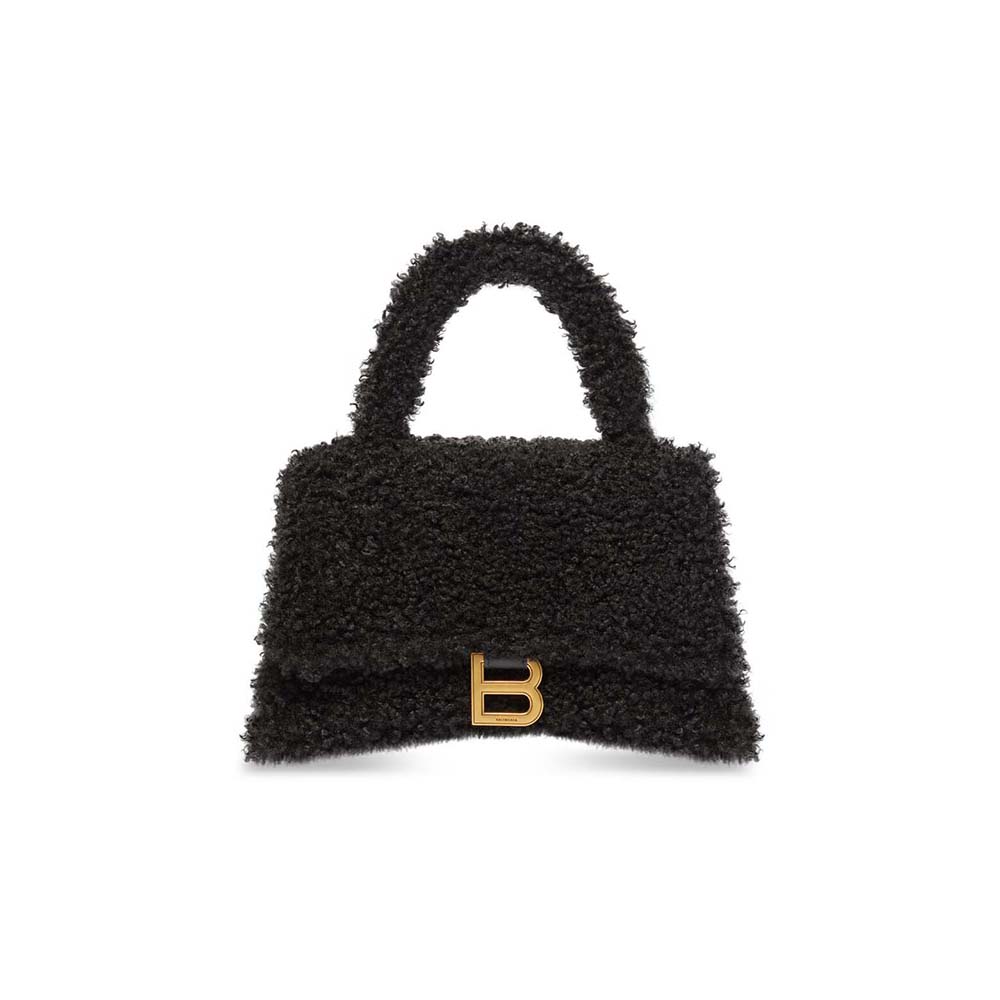 Front view of Balenciaga Women Furry Hourglass Small Handbag with Strap in Black