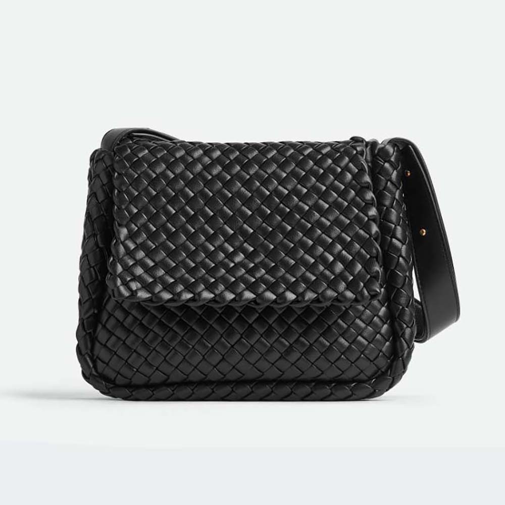 Front view of Bottega Veneta Women Cobble Shoulder Bag Small Padded Intreccio Leather-Black