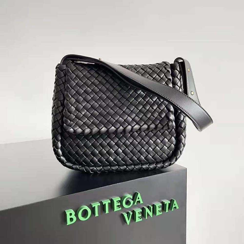 Close-up of padded intrecciato weaving on Bottega Veneta shoulder bag