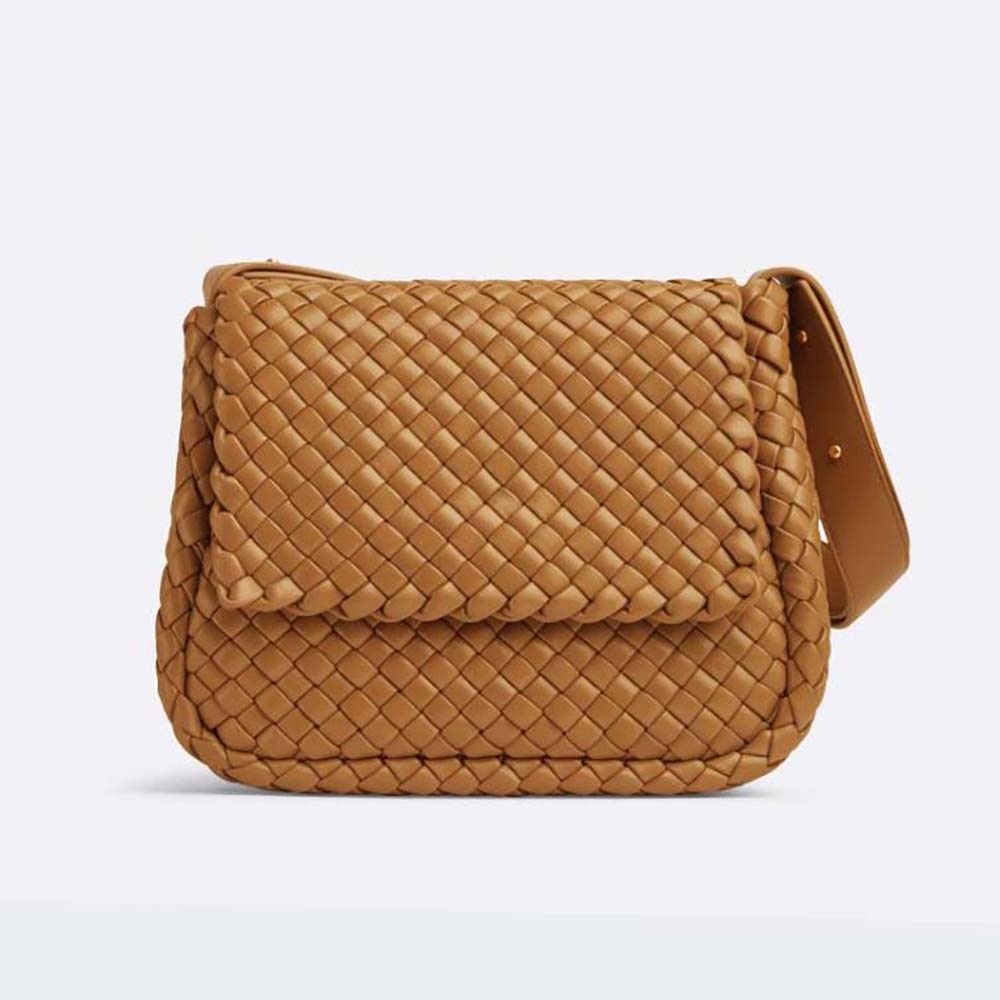 Front view of Bottega Veneta Women Cobble Shoulder Bag Small Padded Intreccio Leather-Brown