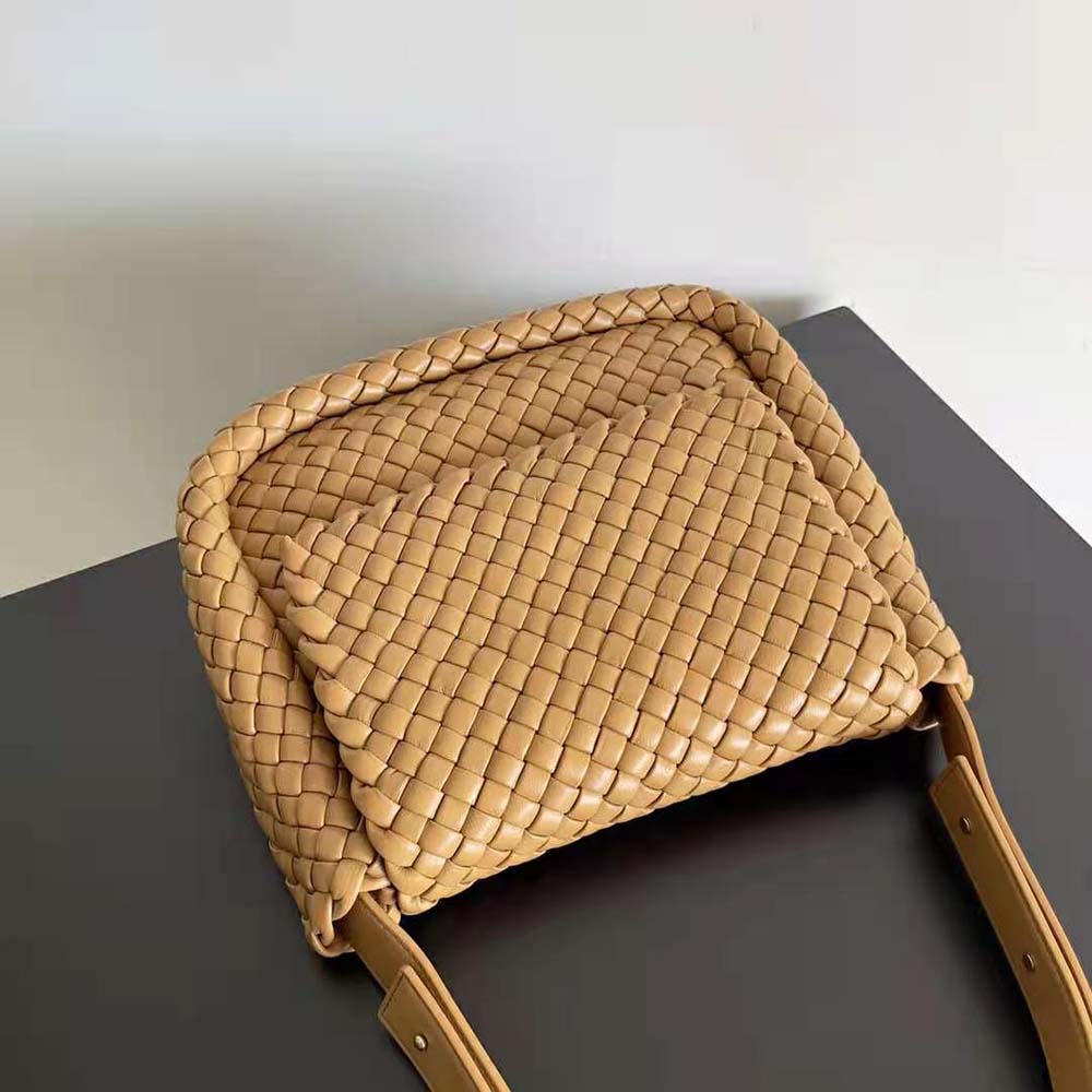 Side angle showing gold-tone hardware on Bottega Veneta Cobble Shoulder Bag Brown