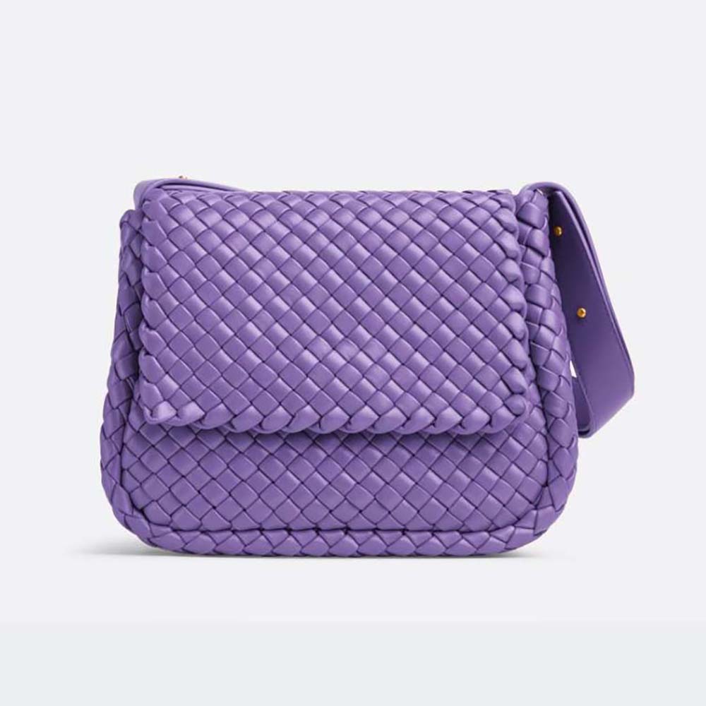 Front view of Bottega Veneta Women Cobble Shoulder Bag Small Padded Intreccio Leather-Purple