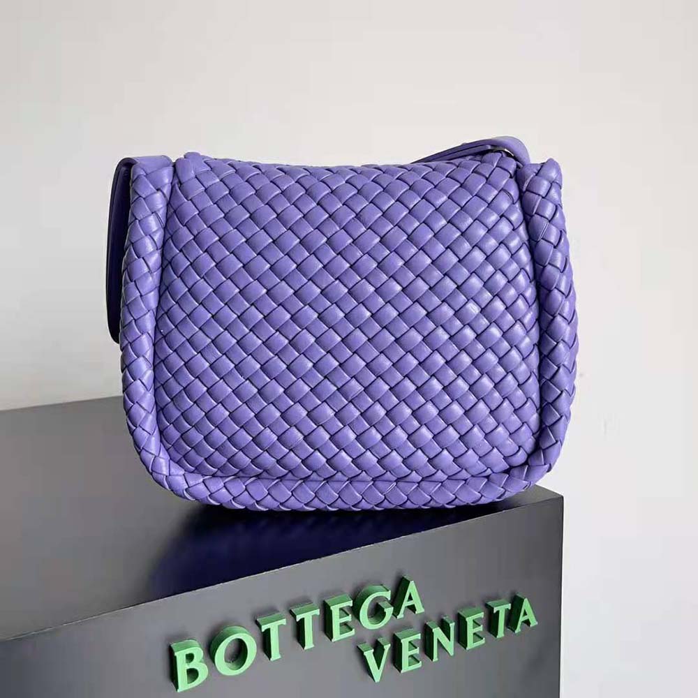 Side profile showing magnetic closure on Bottega Veneta Cobble Shoulder Bag Purple