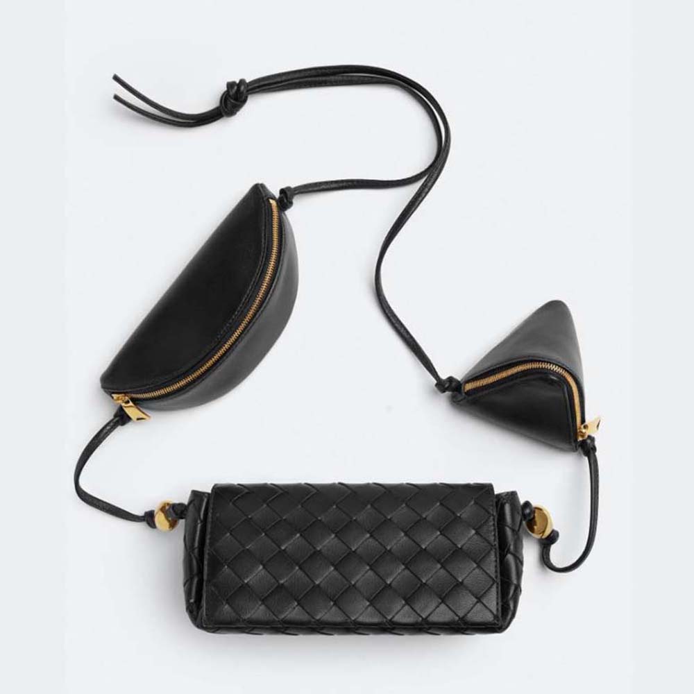 Front view of Bottega Veneta Women Intrecciato Leather Multi Pouch On Strap-Black