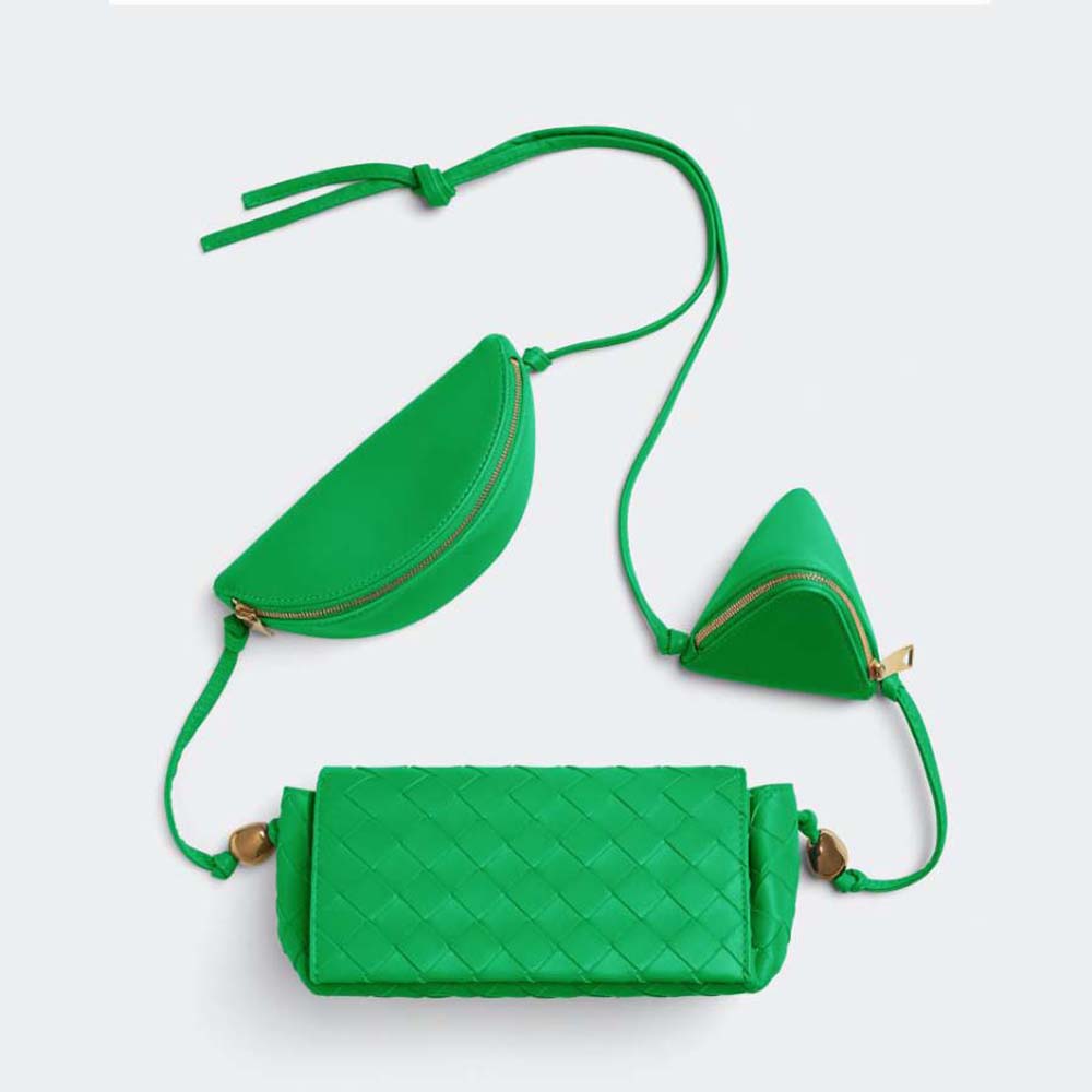 Front view of Bottega Veneta Women Intrecciato Leather Multi Pouch On Strap-Green