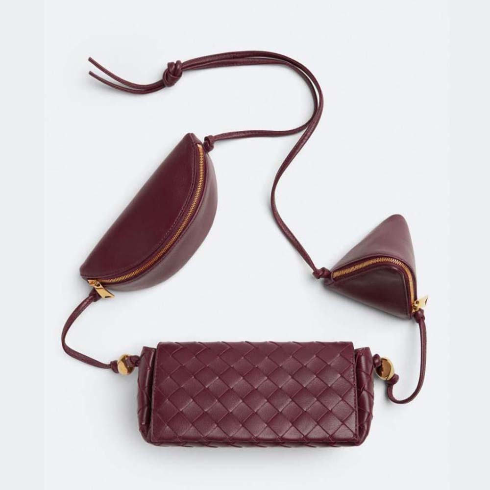 Front view of Bottega Veneta Women Intrecciato Leather Multi Pouch On Strap-Maroon