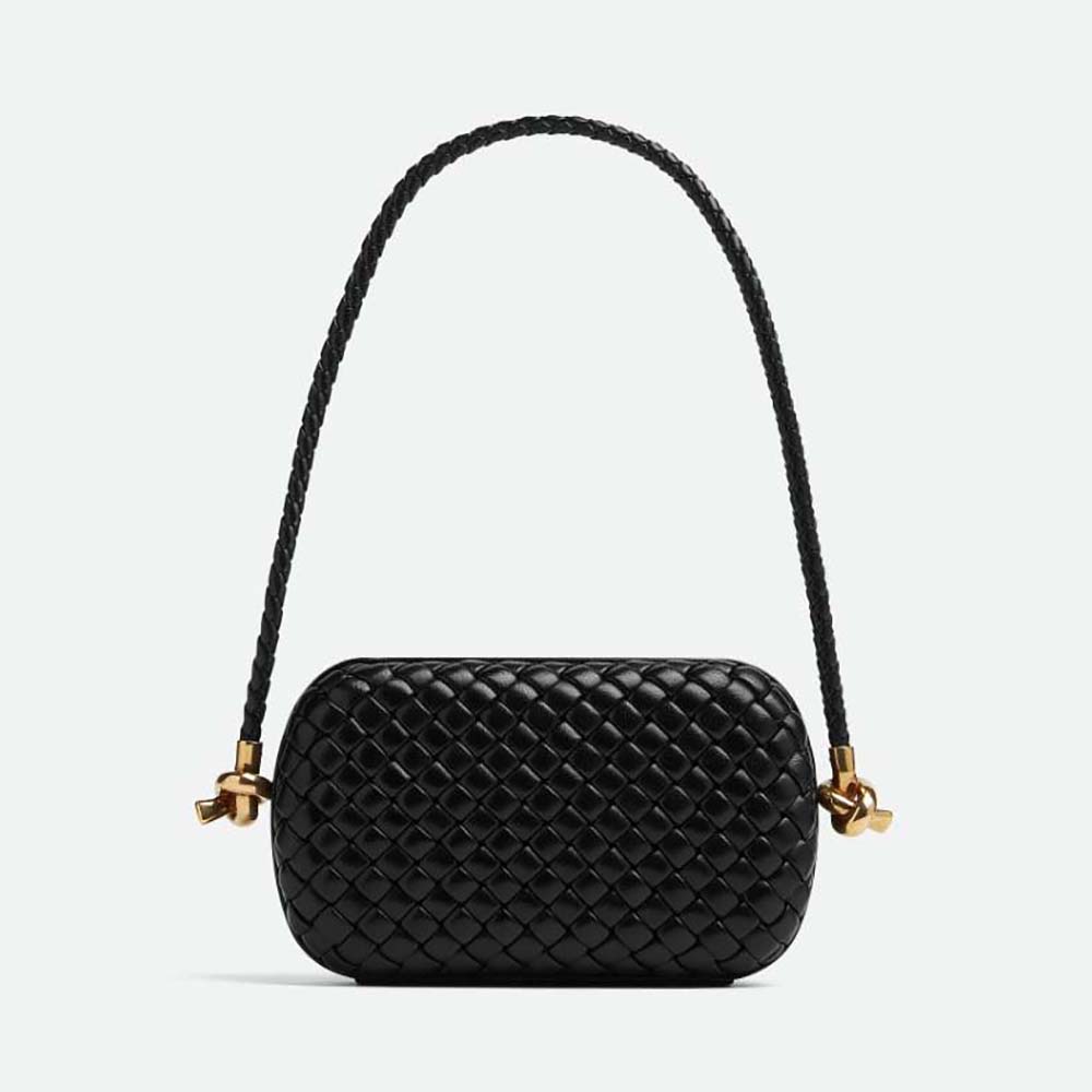 Front view of Bottega Veneta Women Knot Minaudiere On Strap-Black showing knot closure