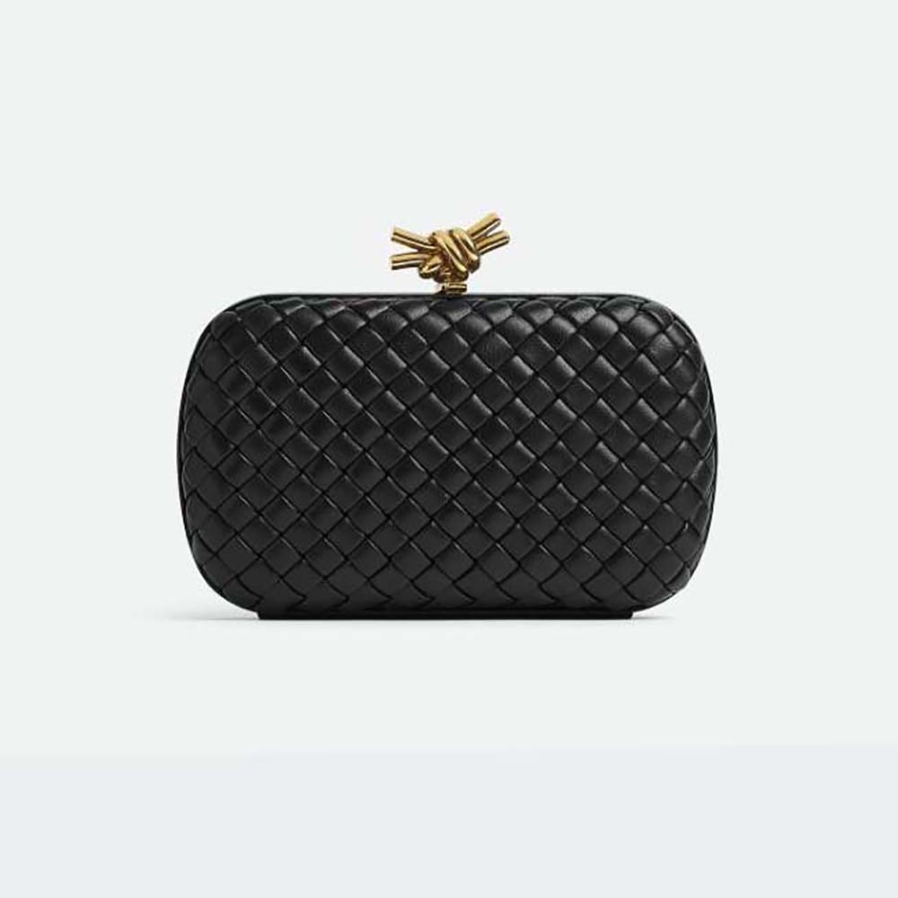 Front view of Bottega Veneta Women Knot Minaudiere Padded Intreccio Leather Minaudiere-Black
