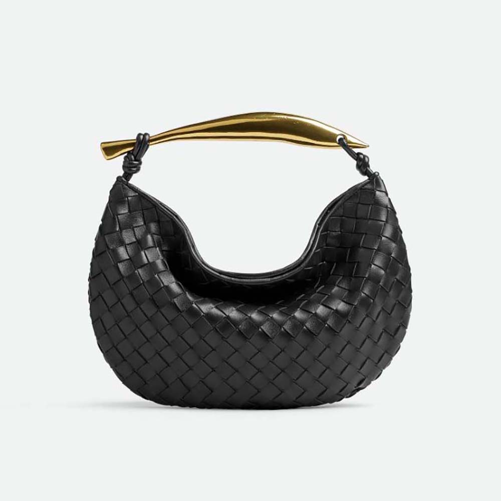 Front angle of Bottega Veneta Women Sardine Top Handle Bag-Black showcasing intrecciato leather