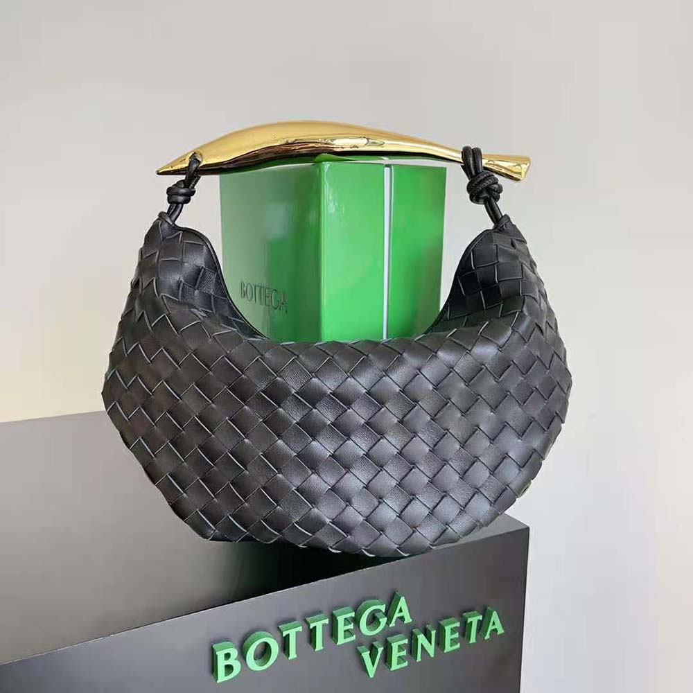 Close-up of matte gold-tone hardware on Bottega Veneta Women Sardine Top Handle Bag-Black