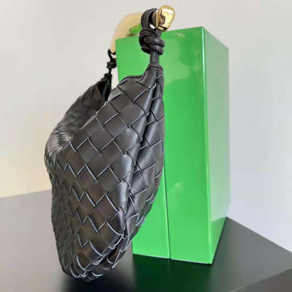 Side view of structured silhouette of Bottega Veneta Women Sardine Top Handle Bag-Black