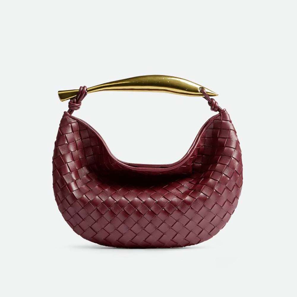 Front view of Bottega Veneta Women Sardine Top Handle Bag-Maroon with flap closed