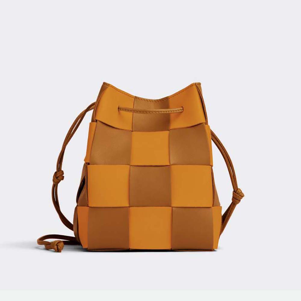 Front view of Bottega Veneta Women Small Cassette Cross-Body Bucket-Brown showing intrecciato detail