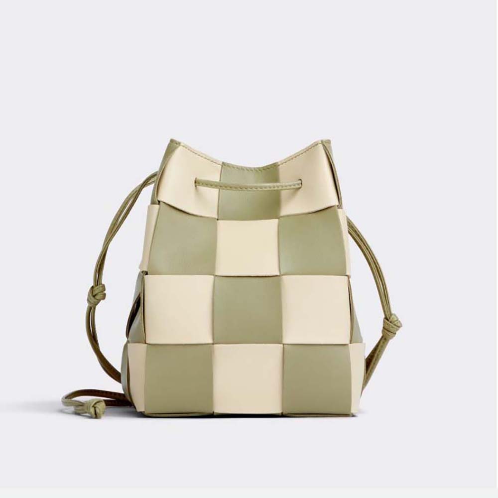 Front view of Bottega Veneta Women Small Cassette Cross-Body Bucket-Lime showing woven leather