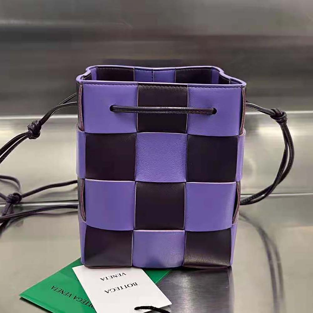Close-up of purple intrecciato leather detail on the Bottega Veneta bag