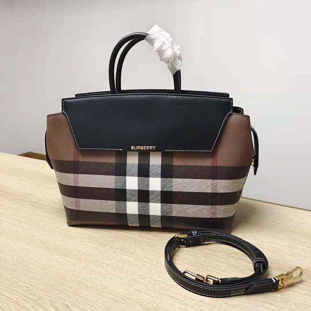 Close-up of Burberry bag’s signature check fabric and leather detail