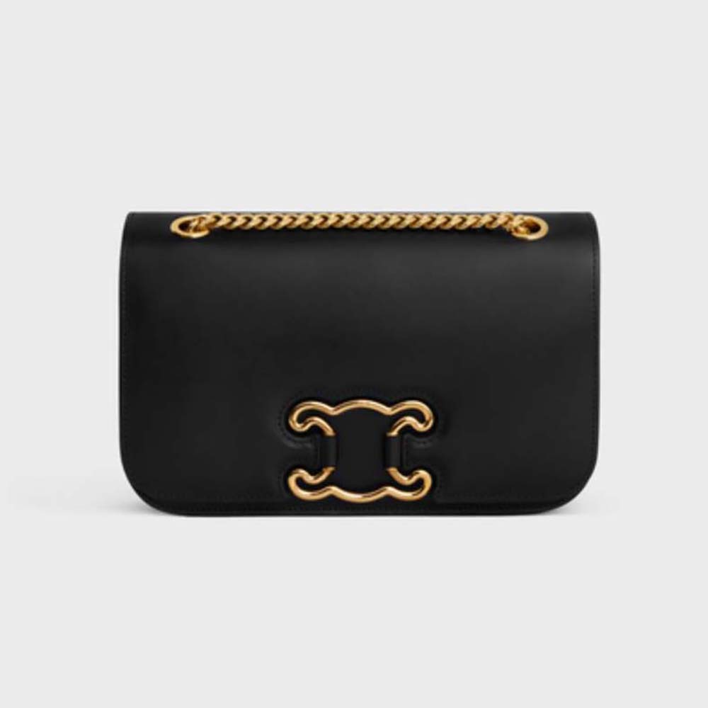 Front view of Celine Women Medium Bag Triomphe Frame in Shiny Calfskin-Black