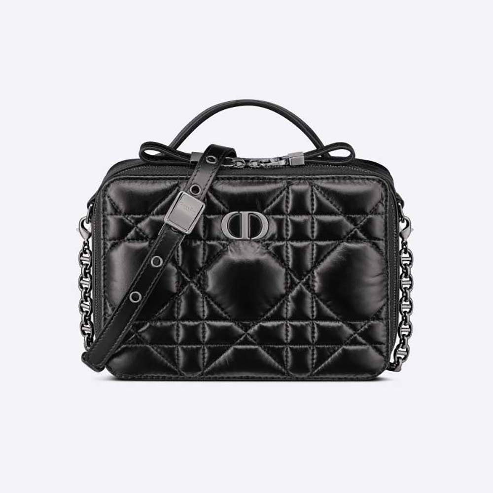 Front view of Dior Women Caro Box Bag with Chain black quilted calfskin