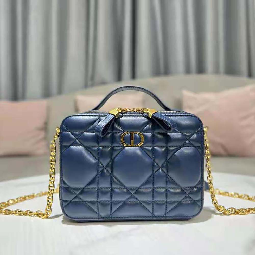 Side angle showing chain strap detail on Dior Women Caro Box Bag