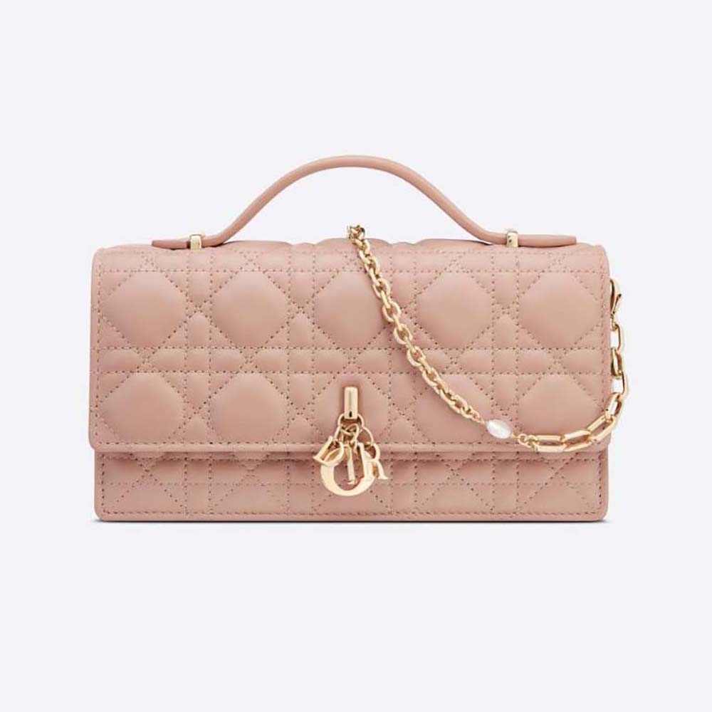 Front view of Dior Women Lady Dior Top Handle Clutch Rose Des Vents Cannage Lambskin