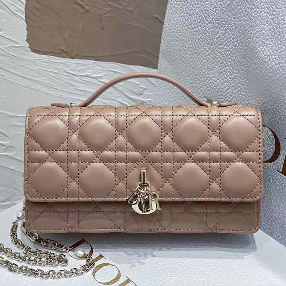 Close-up of signature Cannage stitching on Dior Women Lady Dior Top Handle Clutch