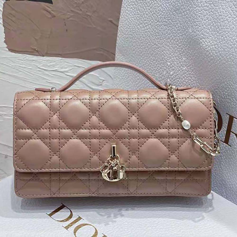 Side angle showing gold hardware on Dior Women Lady Dior Top Handle Clutch