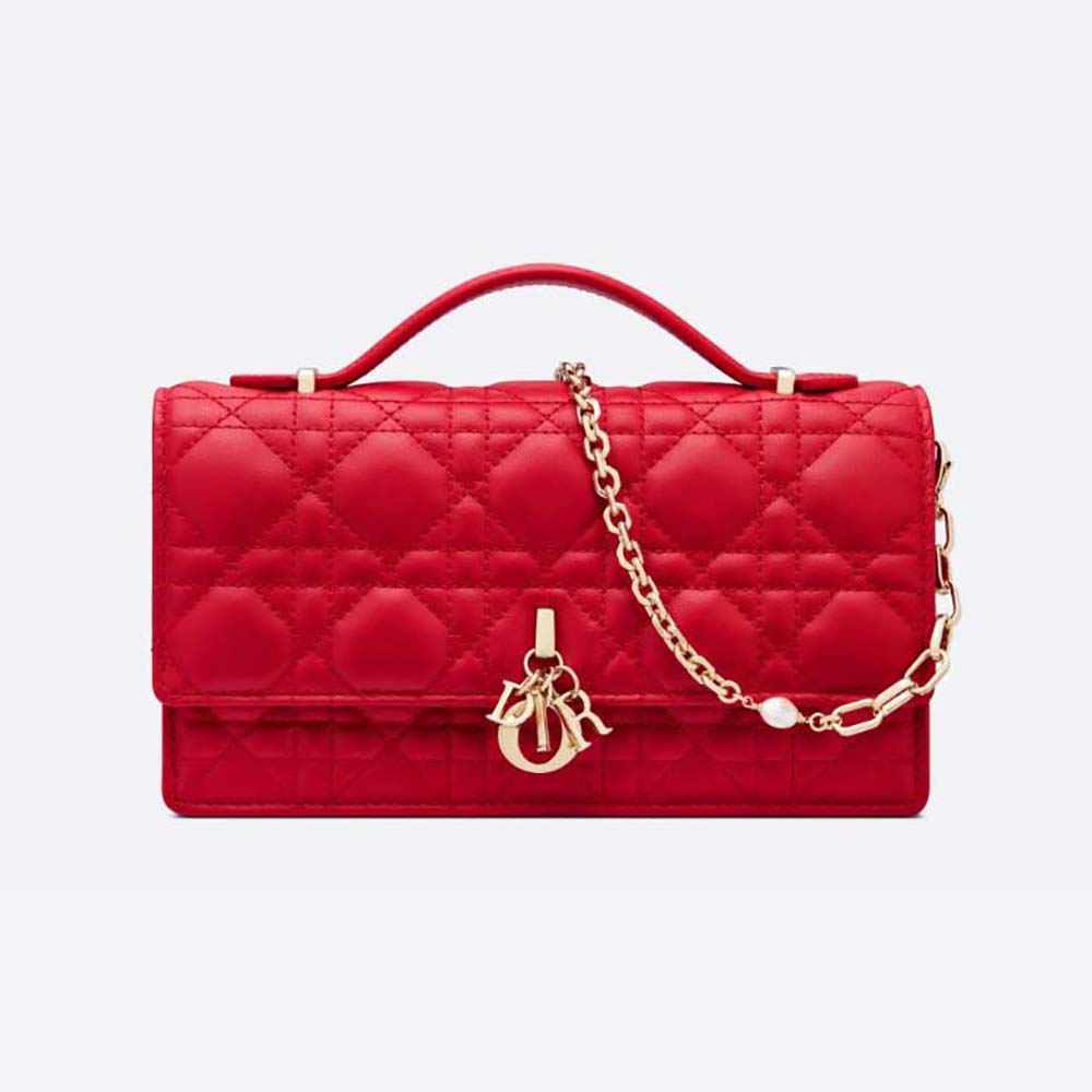 Front angle of Dior Women Lady Dior Top Handle Clutch Scarlet Red Lambskin