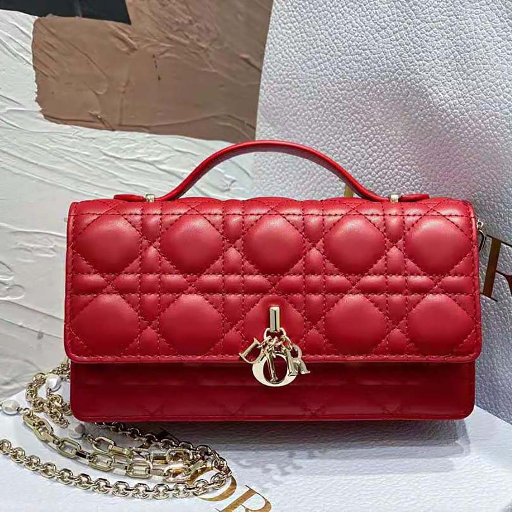 Close-up of Cannage quilting on Dior Women Lady Dior Top Handle Clutch