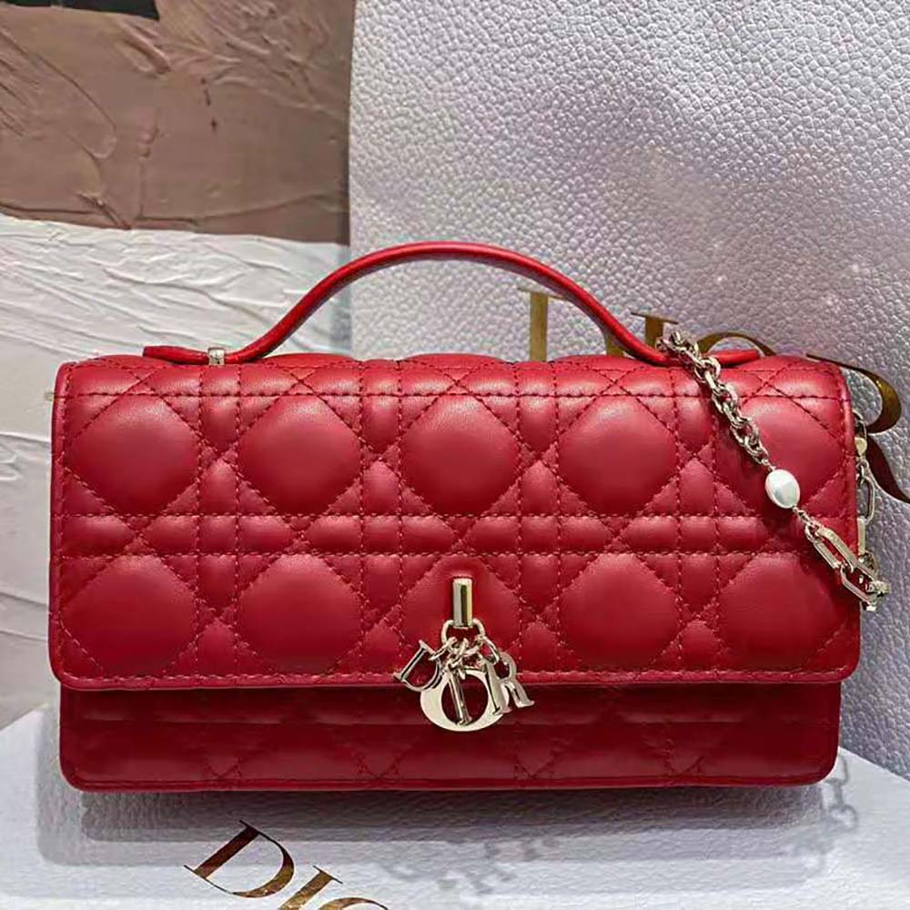 Side view showing silver-tone hardware on Dior Women Lady Dior Top Handle Clutch