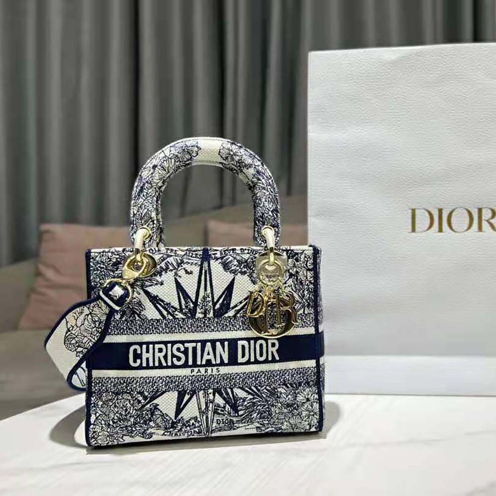 Close-up of embroidered multicolor detail on Dior Women Medium Lady D-lite Bag