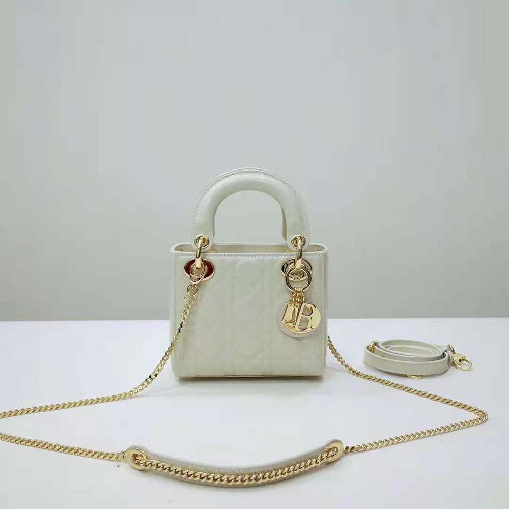 Close-up of silver hardware and cannage quilting on Dior Mini Lady Dior Bag