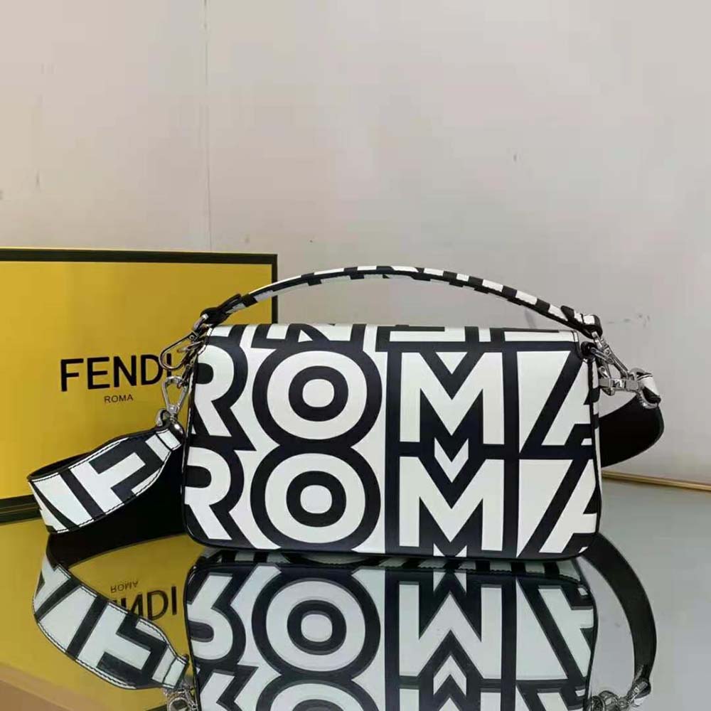 Side view highlighting the two-tone leather detail on Fendi baguette bag