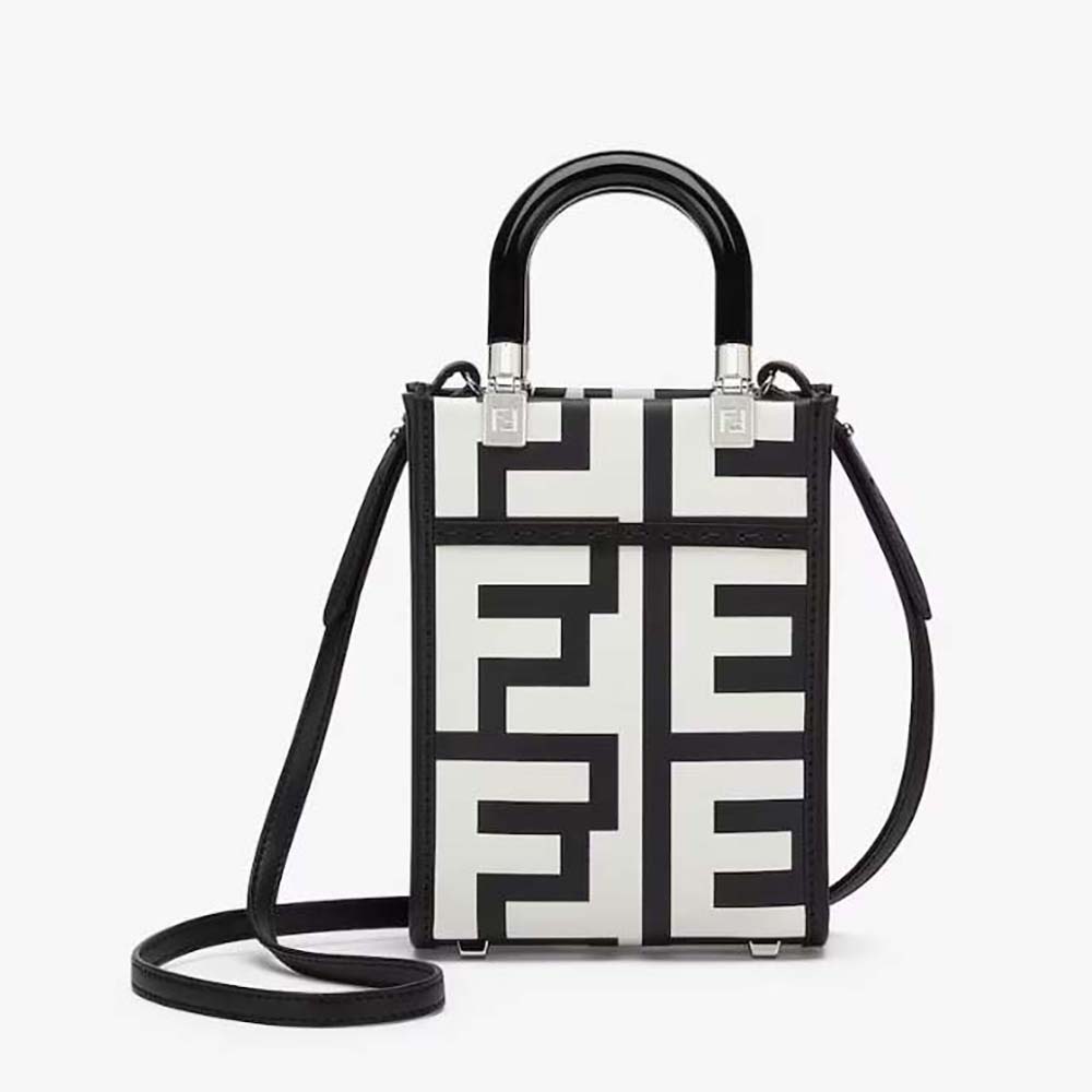 Front view of Fendi Women Mini Sunshine Shopper two-tone black leather bag