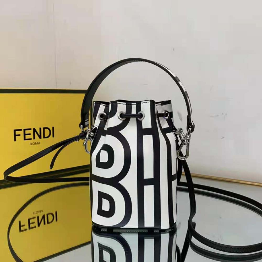 Side angle showing drawstring closure on Fendi Mon Tresor Mini-Bag