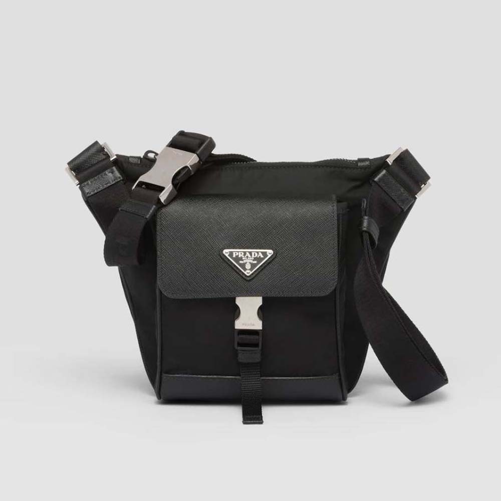 Front view of Prada Men Re-Nylon and Saffiano Leather Shoulder Bag-Black