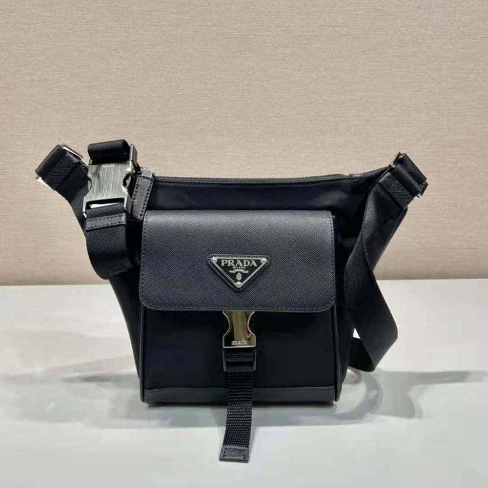 Close-up of silver hardware on Prada Men Re-Nylon and Saffiano Leather Shoulder Bag-Black
