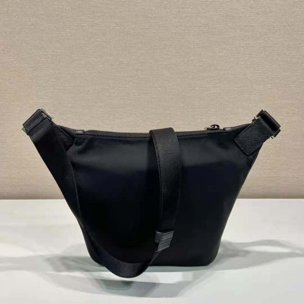 Side angle showing adjustable strap of Prada Men Re-Nylon and Saffiano Leather Shoulder Bag-Black