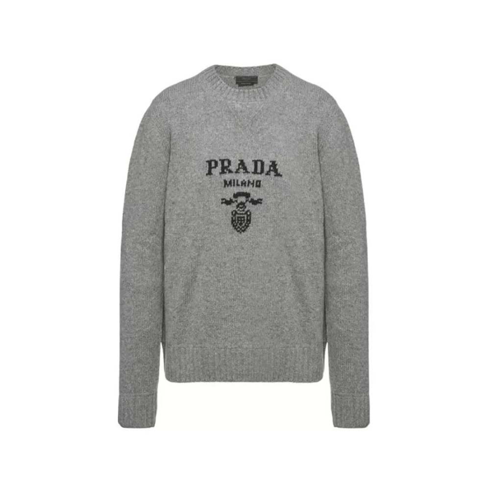 Front view of Prada Men Wool and Cashmere Crew-Neck Sweater-Gray