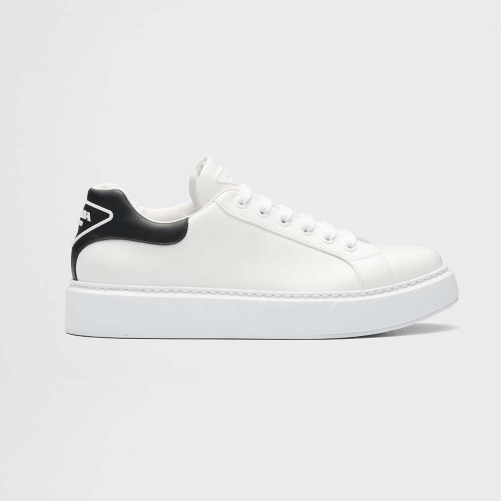 Side profile of Prada Unisex Macro Leather Sneakers-White showing oversized sole