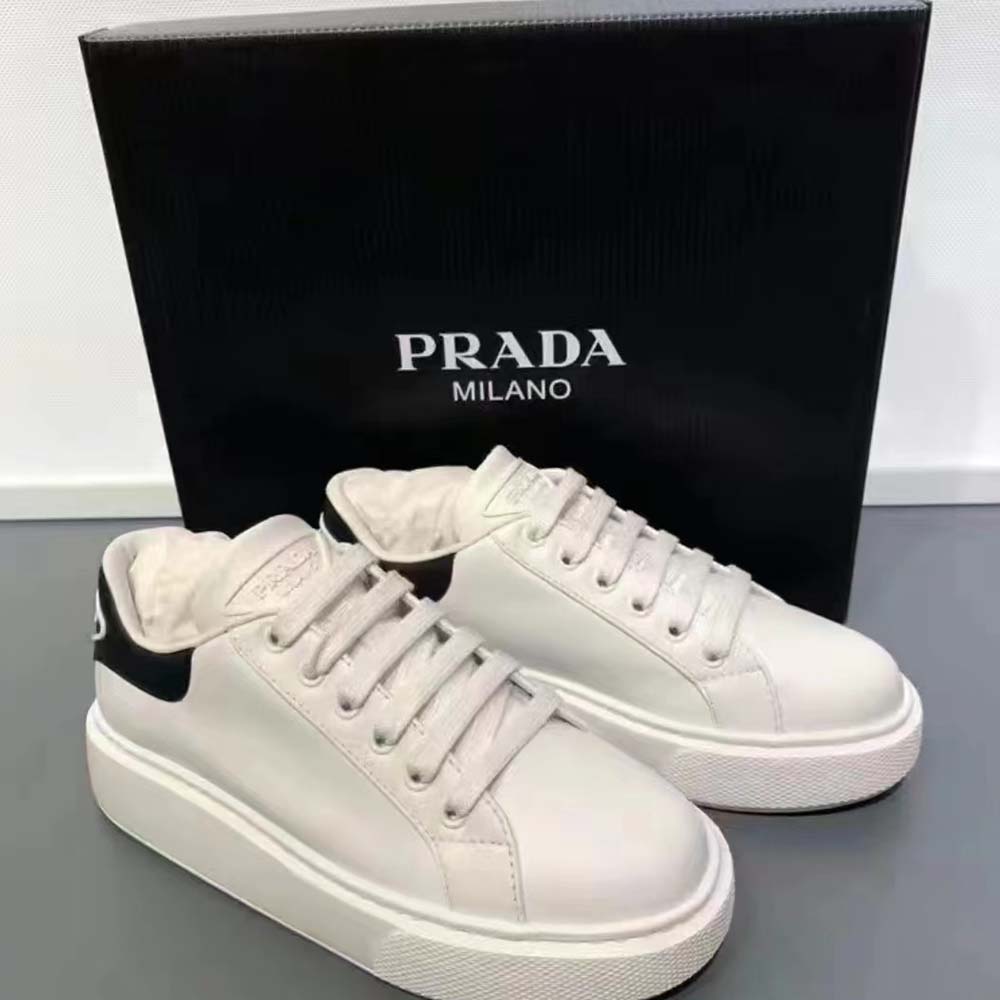 Top view of Prada Unisex Macro Leather Sneakers-White with lace-up closure