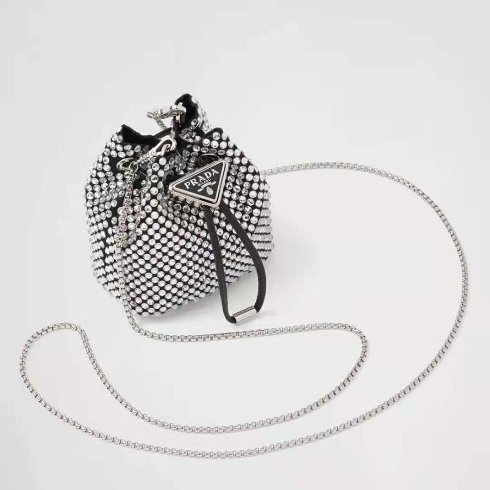 Front view of Prada Women Embellished Satin Mini-Pouch-Black showing satin texture
