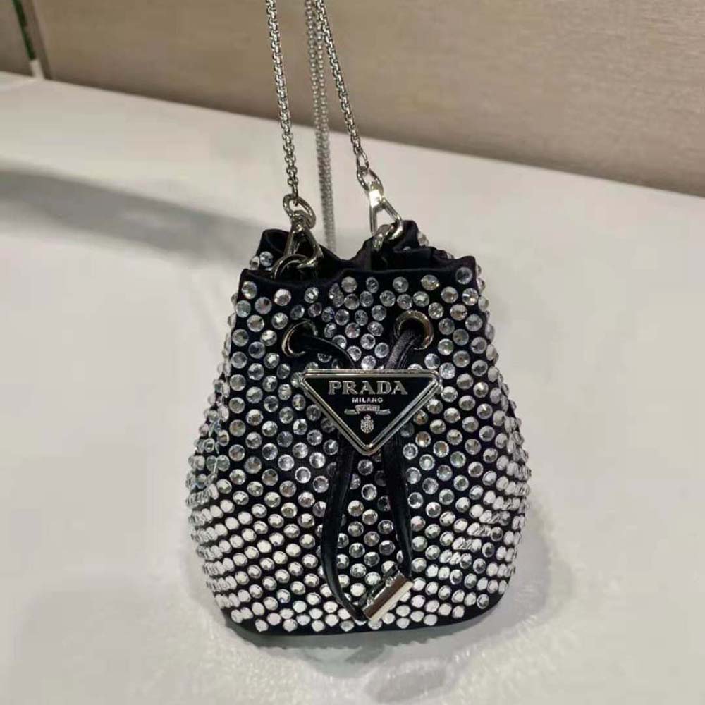 Side angle of Prada Women Embellished Satin Mini-Pouch-Black with shoulder strap