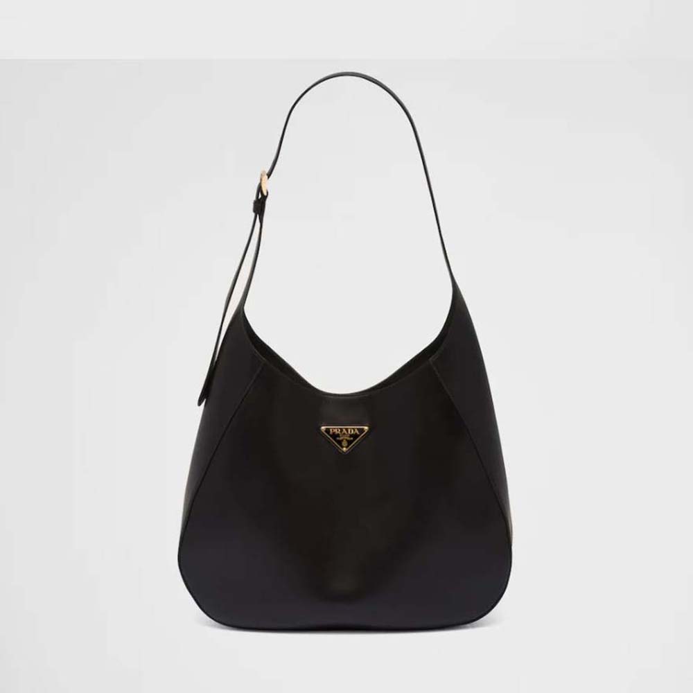 Front view of Prada Women Large Leather Shoulder Bag with topstitching black